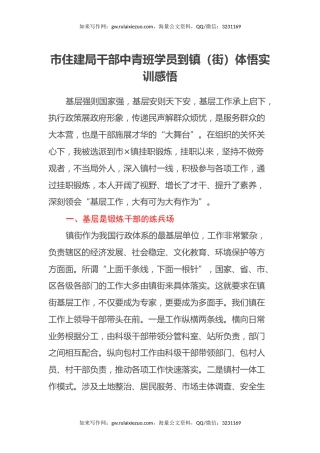 市住建局干部中青班学员到镇（街）体悟实训感悟（心得体会）