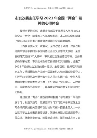 市发改委主任学习2023年全国“两会”精神的心得体会