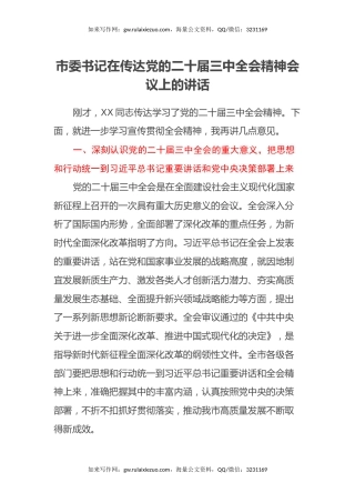 市委书记在传达党的二十届三中全会精神会议上的讲话