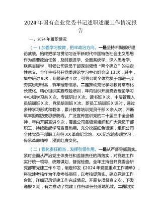 2024年国有企业党委书记述职述廉工作情况报告