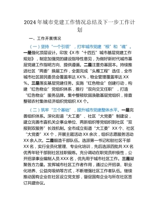 2024年城市党建工作情况总结及下一步工作计划（2）
