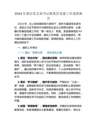 2024年基层党支部书记抓基层党建工作述职报告