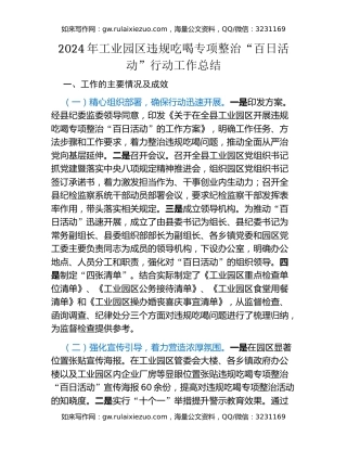 2024年工业园区违规吃喝专项整治“百日活动”行动工作总结