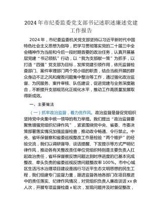 2024年市纪委监委党支部书记述职述廉述党建工作报告