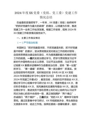 2024年度XX党委（党组、党工委）党建工作情况总结
