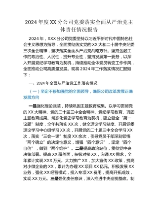 2024年度XX分公司党委落实全面从严治党主体责任情况报告