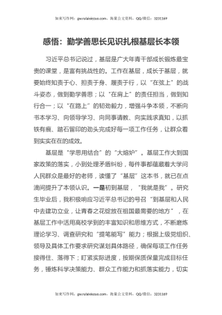 感悟：勤学善思长见识 扎根基层长本领（心得体会）