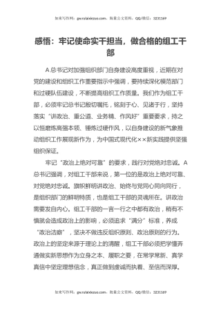 感悟：牢记使命实干担当，做合格的组工干部（心得体会）