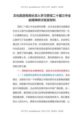 文化旅游局局长深入学习贯彻二十届三中全会精神研讨发言材料