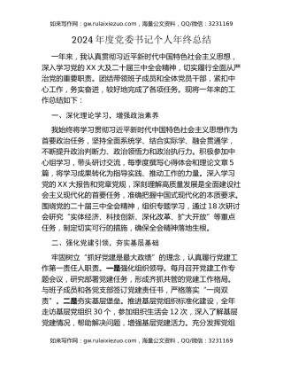 2024年度党委书记个人年终总结