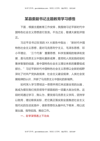 某县委副书记主题教育学习感悟（心得体会）