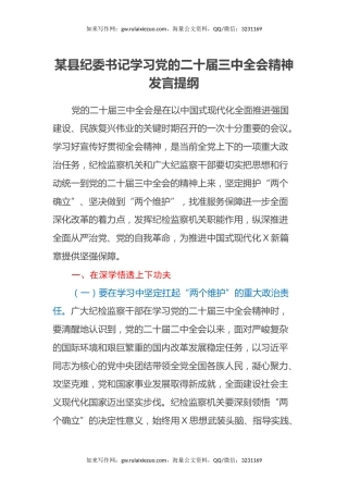 某县纪委书记学习党的二十届三中全会精神发言提纲