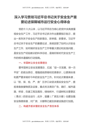 深入学习贯彻习近平总书记关于安全生产重要论述保障城市运行安全心得体会