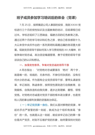 班子成员参加学习培训后的体会（党课）