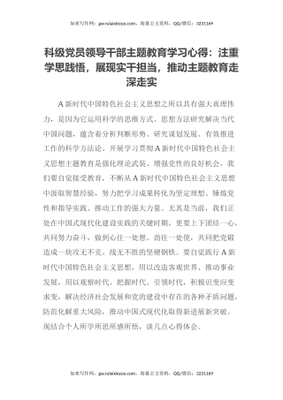 科级党员领导干部主题教育学习心得：注重学思践悟，展现实干担当，推动主题教育走深走实