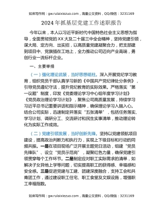 2024年抓基层党建工作述职报告
