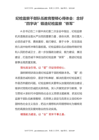 纪检监察干部队伍教育整顿心得体会：念好“四字诀”锻造纪检监察“铁军”