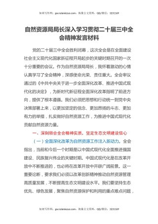 自然资源局局长深入学习贯彻二十届三中全会精神发言材料
