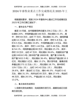 2024年畜牧业重点工作完成情况及2025年工作打算