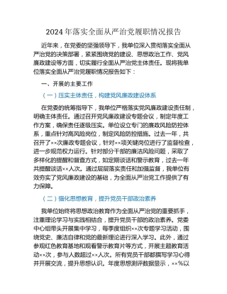 2024年落实全面从严治党履职情况报告