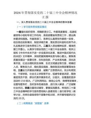 2024年贯彻落实党的二十届三中全会精神情况汇报