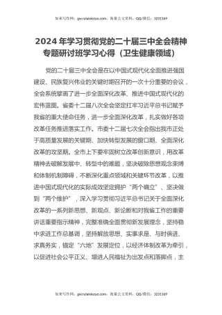 2024年学习贯彻党的二十届三中全会精神专题研讨班学习心得（卫生健康领域）