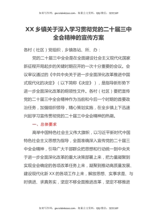 XX乡镇关于深入学习贯彻党的二十届三中全会精神的宣传方案