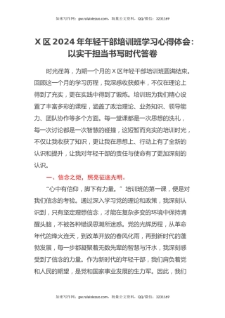 X区2024年年轻干部培训班学习心得体会：以实干担当书写时代答卷