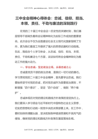 三中全会精神心得体会：忠诚、信仰、担当、本领、责任、干劲与廉洁的深刻践行