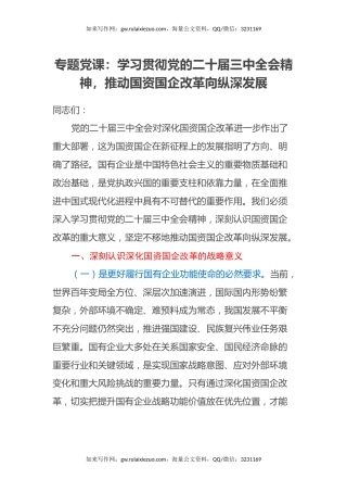 专题党课：学习贯彻党的二十届三中全会精神，推动国资国企改革向纵深发展