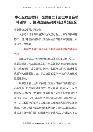 中心组发言材料：在党的二十届三中全会精神引领下，推动园区经济体制改革加速跑