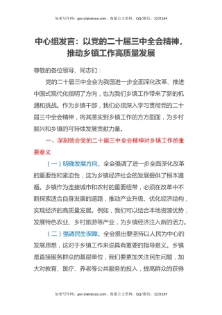 中心组发言：以党的二十届三中全会精神，推动乡镇工作高质量发展
