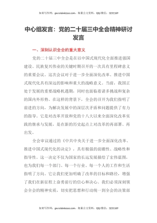 中心组发言：党的二十届三中全会精神研讨发言