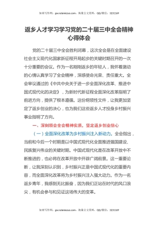 返乡人才学习学习党的二十届三中全会精神心得体会