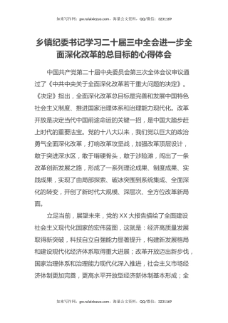乡镇纪委书记学习二十届三中全会进一步全面深化改革的总目标的心得体会