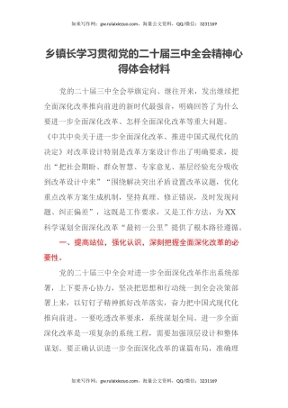 乡镇长学习贯彻党的二十届三中全会精神心得体会材料