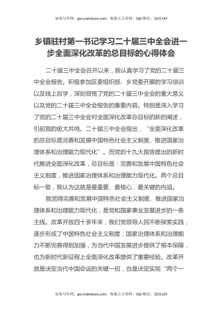 乡镇驻村第一书记学习二十届三中全会进一步全面深化改革的总目标的心得体会