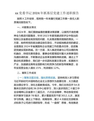 xx党委书记2024年抓基层党建工作述职报告