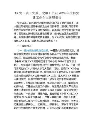 XX党工委（党委、党组）书记2024年度抓党建工作个人述职报告