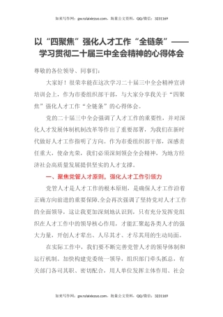 以“四聚焦”强化人才工作“全链条”——学习贯彻二十届三中全会精神的心得体会
