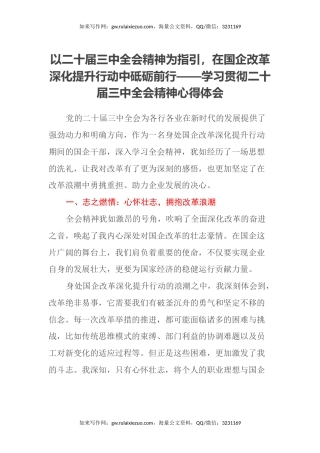 以二十届三中全会精神为指引，在国企改革深化提升行动中砥砺前行——学习贯彻二十届三中全会精神心得体会