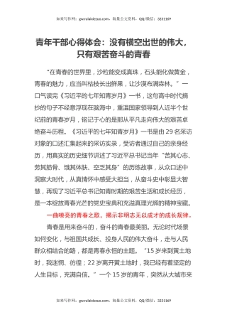 青年干部心得体会：没有横空出世的伟大，只有艰苦奋斗的青春