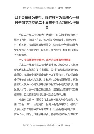 以全会精神为指引，践行驻村为民初心—驻村干部学习党的二十届三中全会精神心得体会