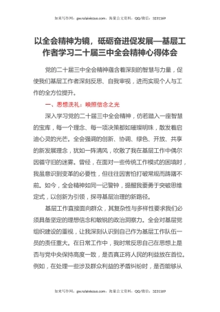 以全会精神为镜，砥砺奋进促发展—基层工作者学习二十届三中全会精神心得体会