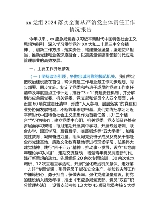 xx党组2024落实全面从严治党主体责任工作情况报告