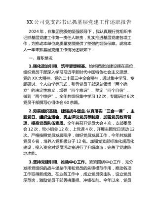 XX公司党支部书记抓基层党建工作述职报告