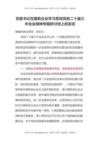 党委书记在国有企业学习贯彻党的二十届三中全会精神专题研讨班上的发言