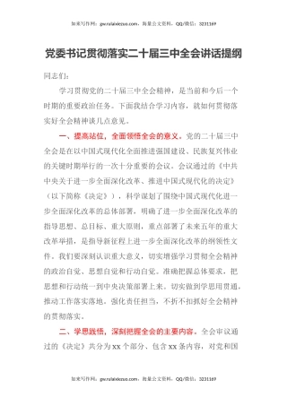 党委书记贯彻落实二十届三中全会讲话提纲