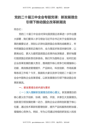 党的二十届三中全会专题党课：新发展理念引领下推动国企改革新潮流