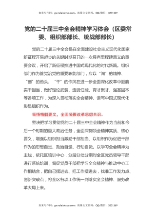 党的二十届三中全会精神学习体会（区委常委、组织部部长、统战部部长）